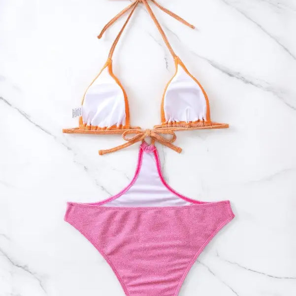 Orange and pink bikini piece swimsuit bikini with tie sleeves, available with free shipping