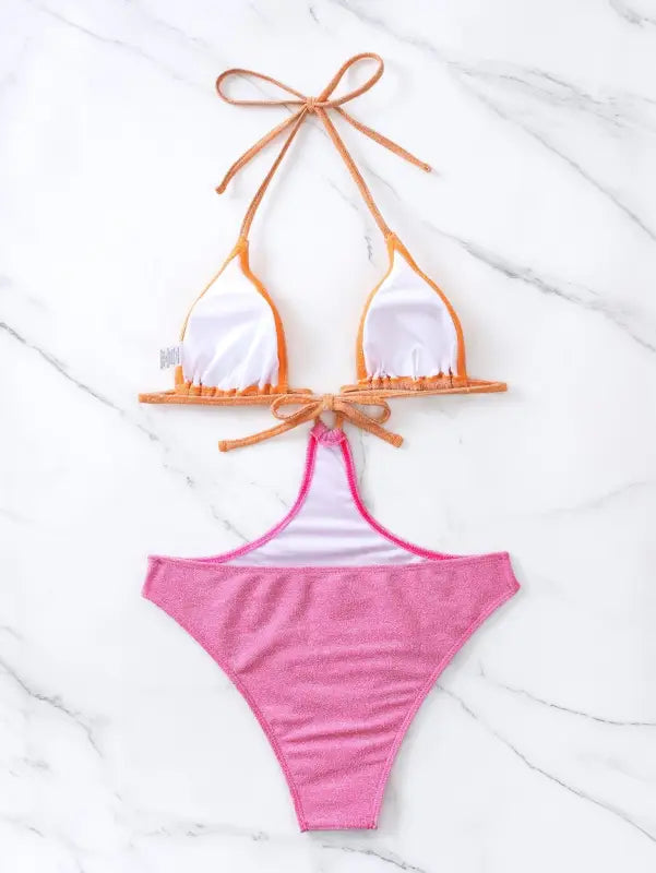 Orange and pink bikini piece swimsuit bikini with tie sleeves, available with free shipping