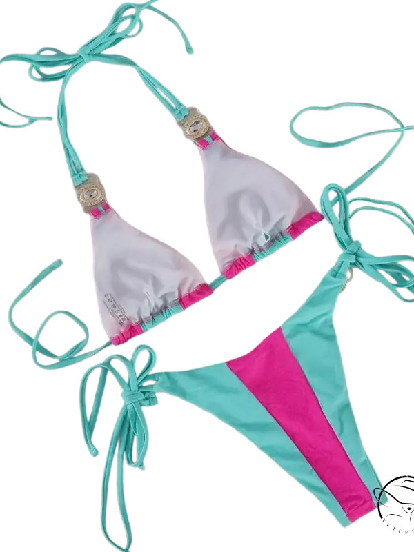 Boho crystal diamond bikini with white triangle top and striped teal bottoms
