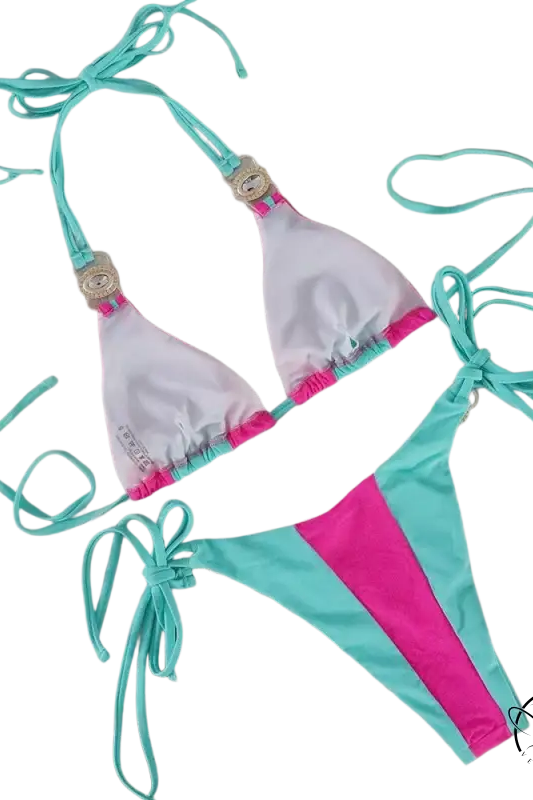 Boho crystal diamond bikini with white triangle top and striped teal bottoms