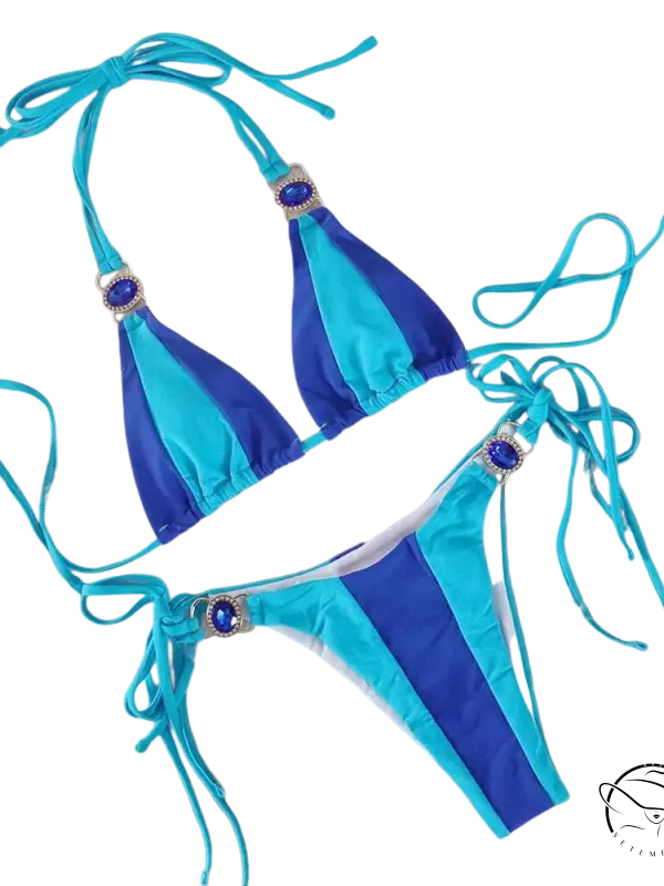 Boho color block halter crystal diamond bikini in turquoise and blue