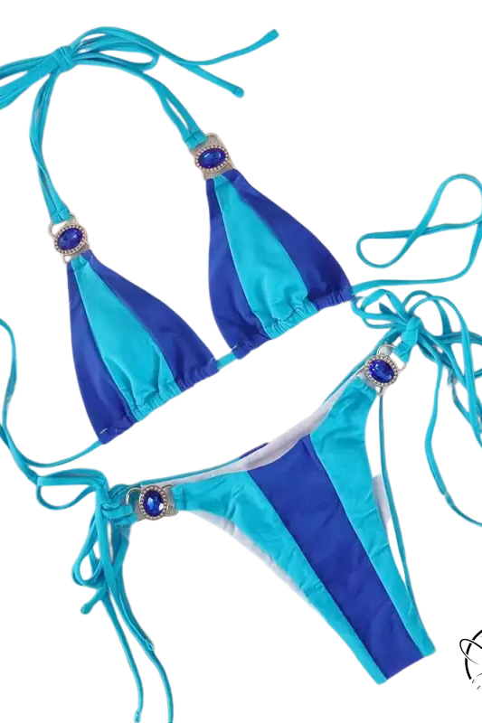 Boho color block halter crystal diamond bikini in turquoise and blue