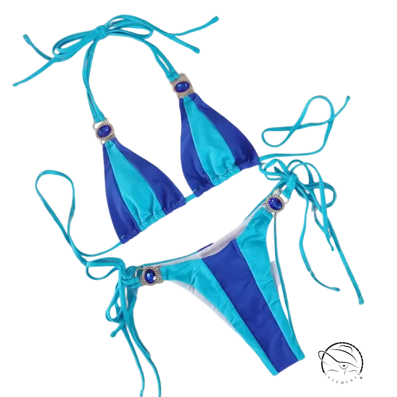 Boho color block halter crystal diamond bikini in turquoise and blue