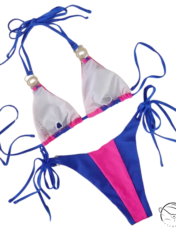 Sexy crystal diamond bikini with vibrant blue pink ties and gold hardware
