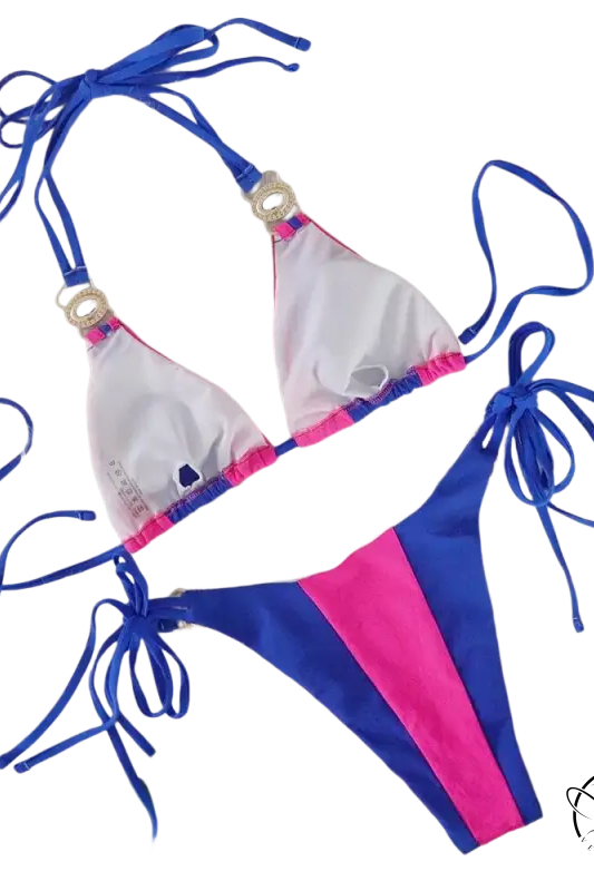 Sexy crystal diamond bikini with vibrant blue pink ties and gold hardware