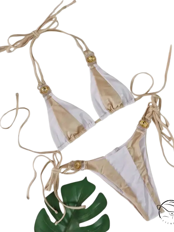 Boho crystal diamond bikini in beige white with gold sun accents