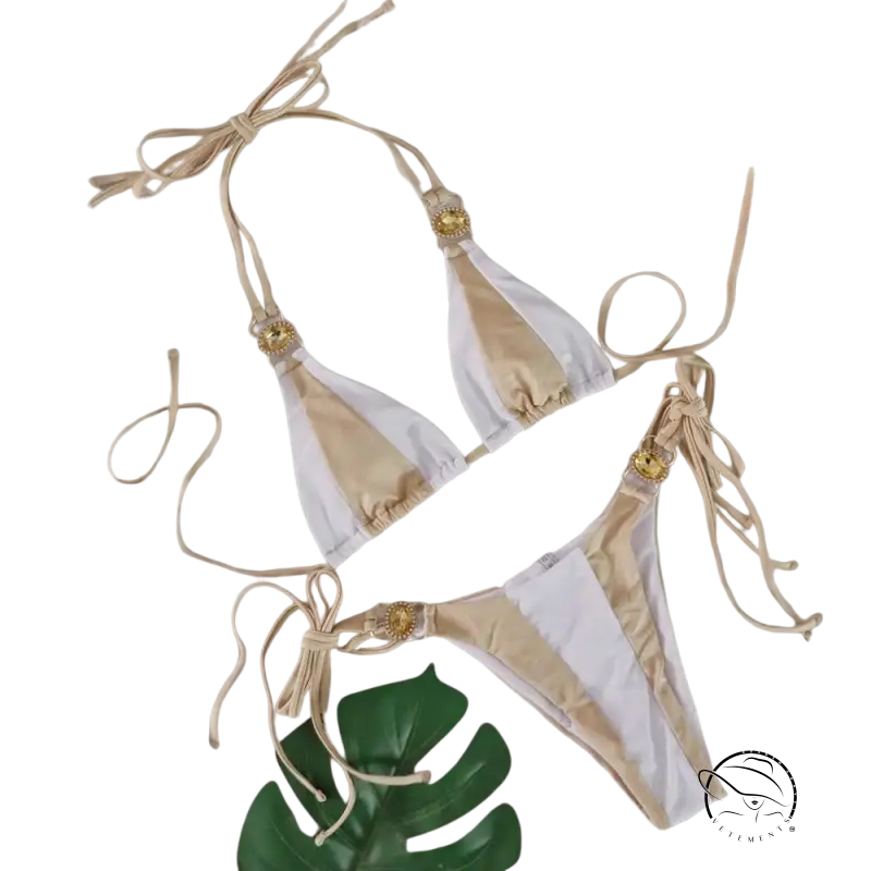 Boho crystal diamond bikini in beige white with gold sun accents