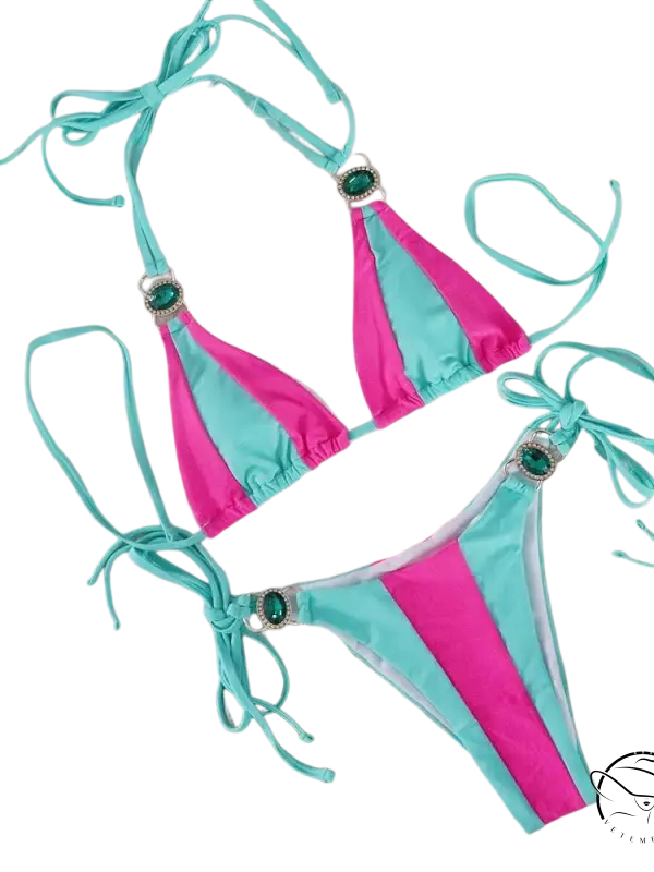 Boho color block halter crystal diamond bikini in pink turquoise with gems