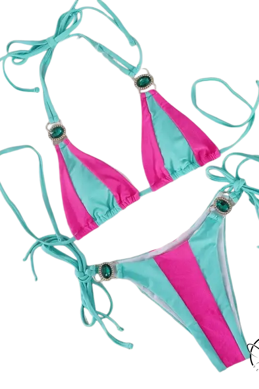 Boho color block halter crystal diamond bikini in pink turquoise with gems