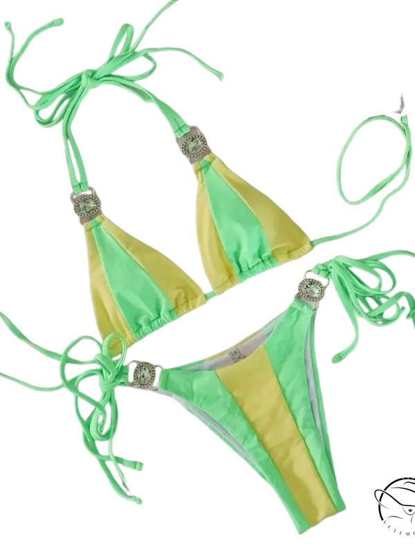 Vibrant neon green and yellow crystal diamond bikini with boho details