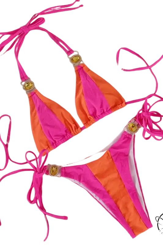 Boho crystal diamond bikini in vibrant pink and orange with gold straps