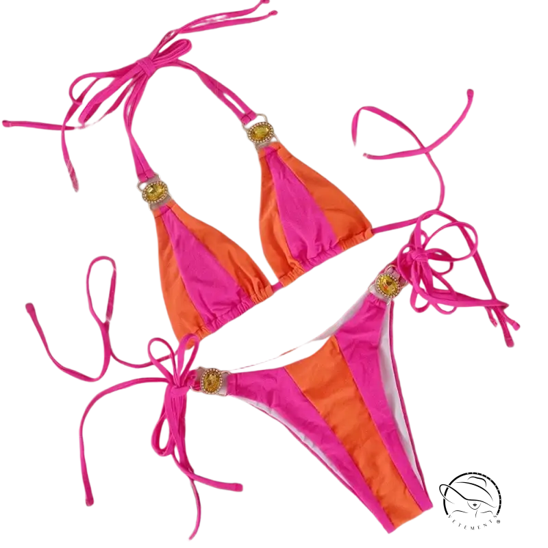 Boho crystal diamond bikini in vibrant pink and orange with gold straps