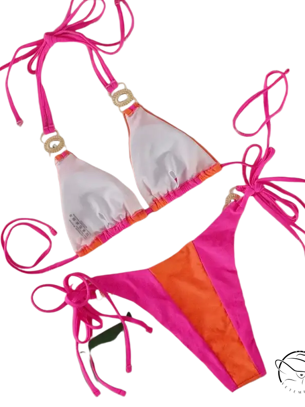 Boho crystal diamond bikini in pink orange triangle halter with gold straps