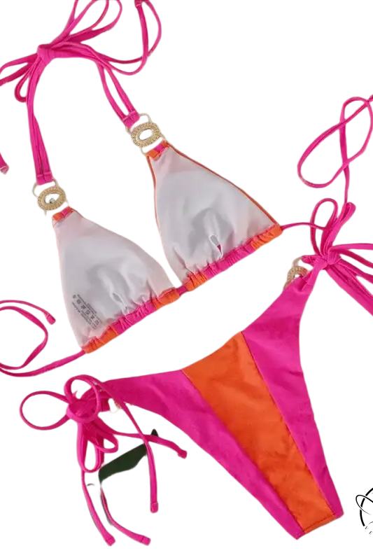 Boho crystal diamond bikini in pink orange triangle halter with gold straps