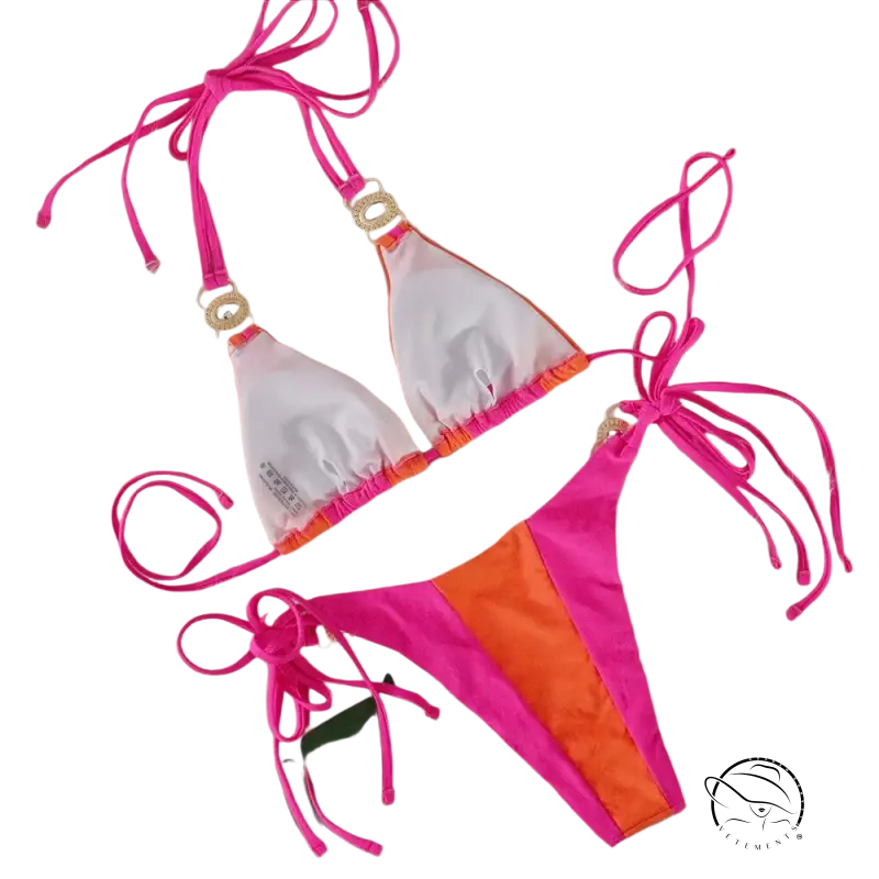 Boho crystal diamond bikini in pink orange triangle halter with gold straps