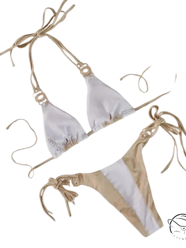 Boho crystal diamond bikini in beige and white with tie-side knots