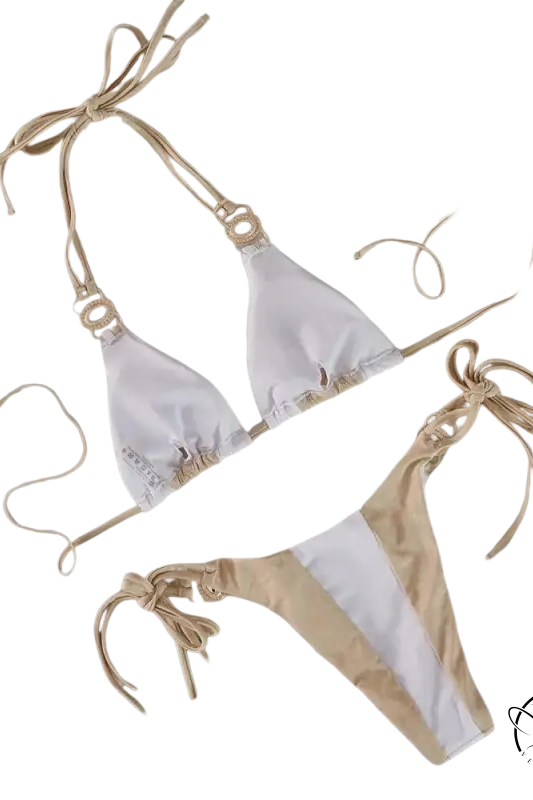 Boho crystal diamond bikini in beige and white with tie-side knots