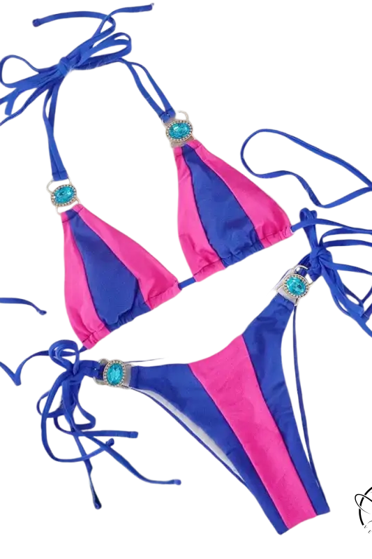 Boho crystal diamond bikini in vibrant pink, royal blue with turquoise gems