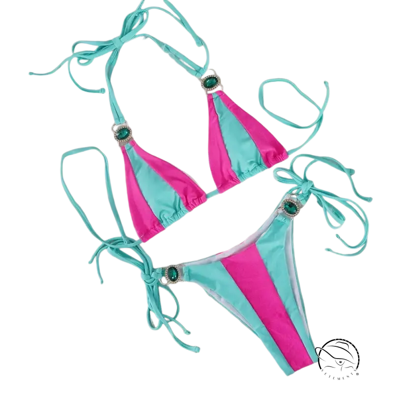 Boho crystal diamond bikini in pink turquoise with gemstone ties
