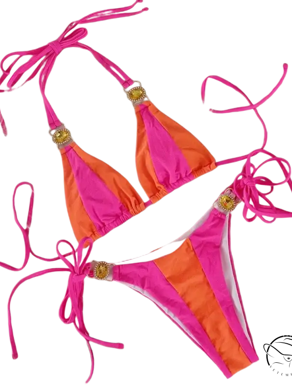 Vibrant pink and orange crystal diamond bikini with gold strap details
