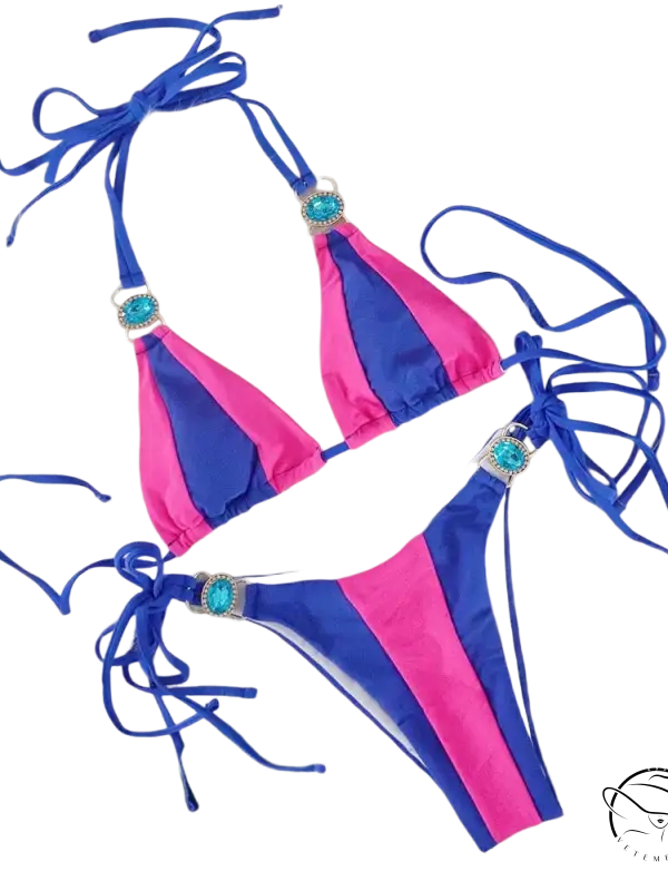 Vibrant pink and royal blue crystal diamond bikini with turquoise gems