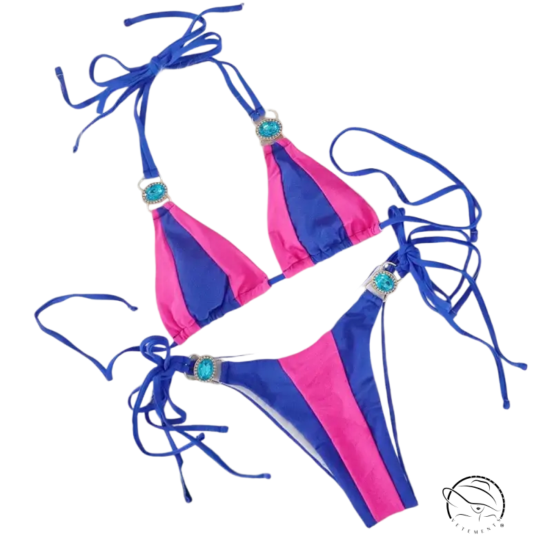 Vibrant pink and royal blue crystal diamond bikini with turquoise gems