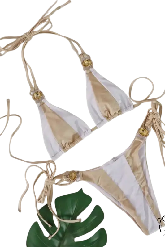 Boho crystal diamond bikini in beige and white with gold sun details