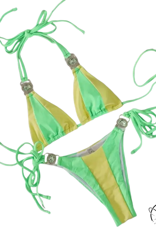 Vibrant neon green and yellow crystal diamond bikini with sexy embellished ties