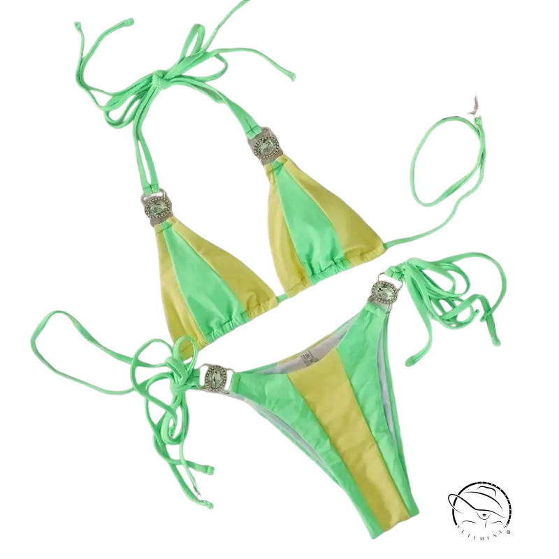 Vibrant neon green and yellow crystal diamond bikini with sexy embellished ties