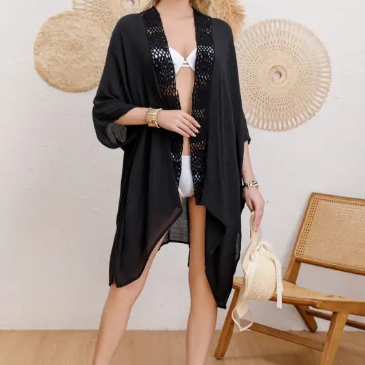 Black open-front beach coverup with lace trim and flowing sleeves for sun protection jacket