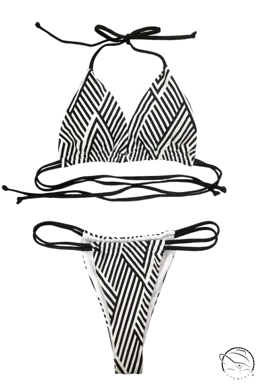 Printed double bandage bikini in black and white striped geometric pattern