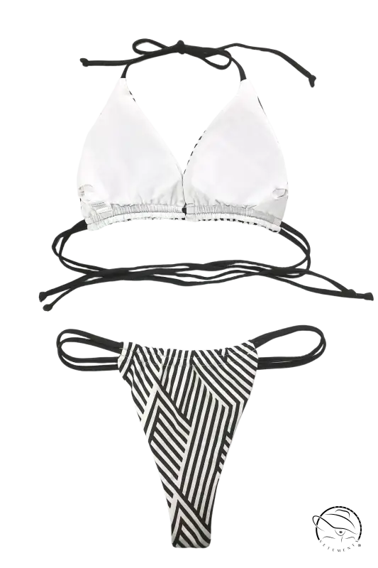 Boho double bandage bikini with white top and striped bottom