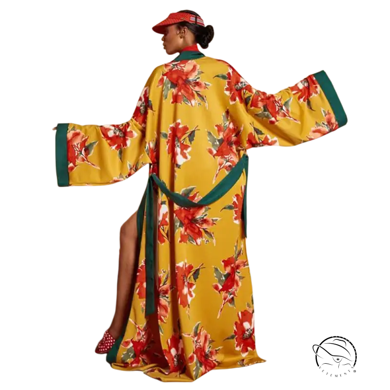 Vibrant yellow boho floral kimono trench coat with long sleeves and red blossoms