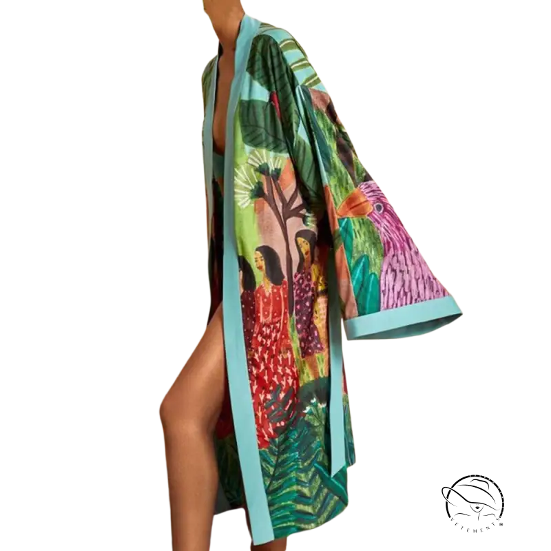 Vibrant teal green kimono trench coat with long sleeve length and boho bird prints