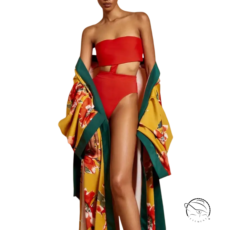 Vibrant red strapless bikini with floral kimono trench coat and long sleeves