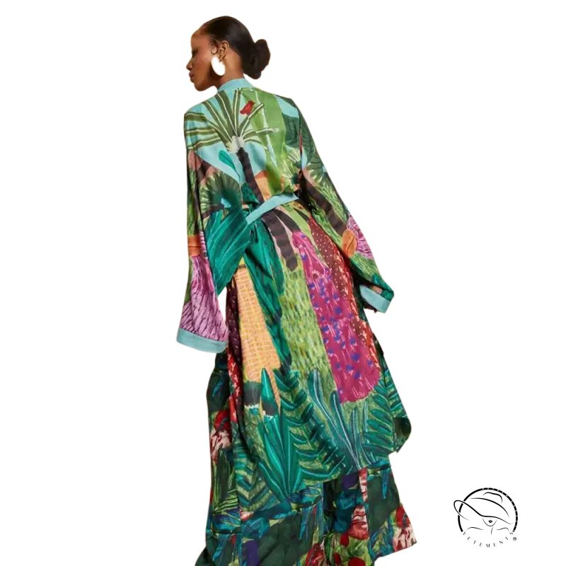 Vibrant long-sleeved boho floral kimono trench coat in green, teal, magenta