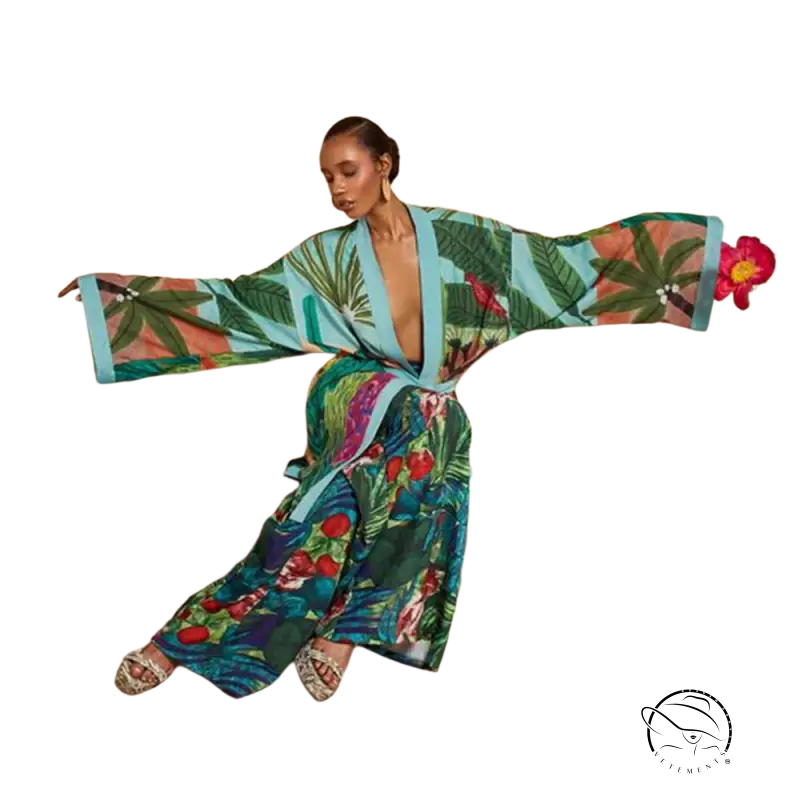 Vibrant boho floral kimono trench coat in teal, green, red with long sleeves