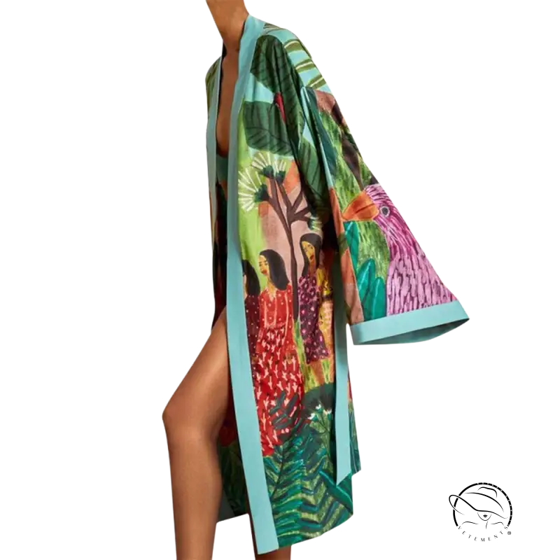 Vibrant boho floral kimono trench coat with long sleeves, tropical print