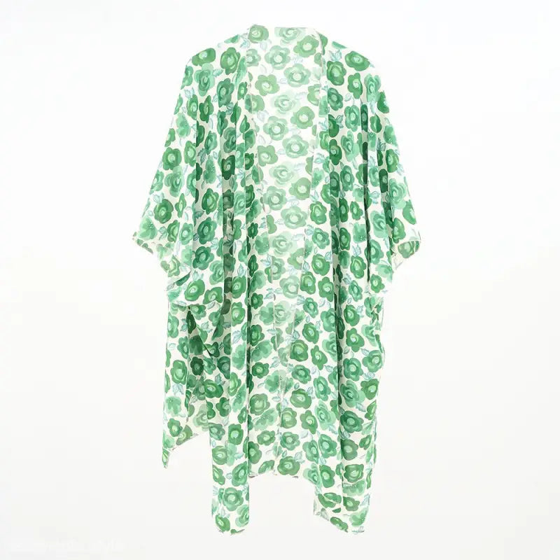 Green and white floral patterned kimono-style robe, ideal for fresh sun protection and stylish sleeve length