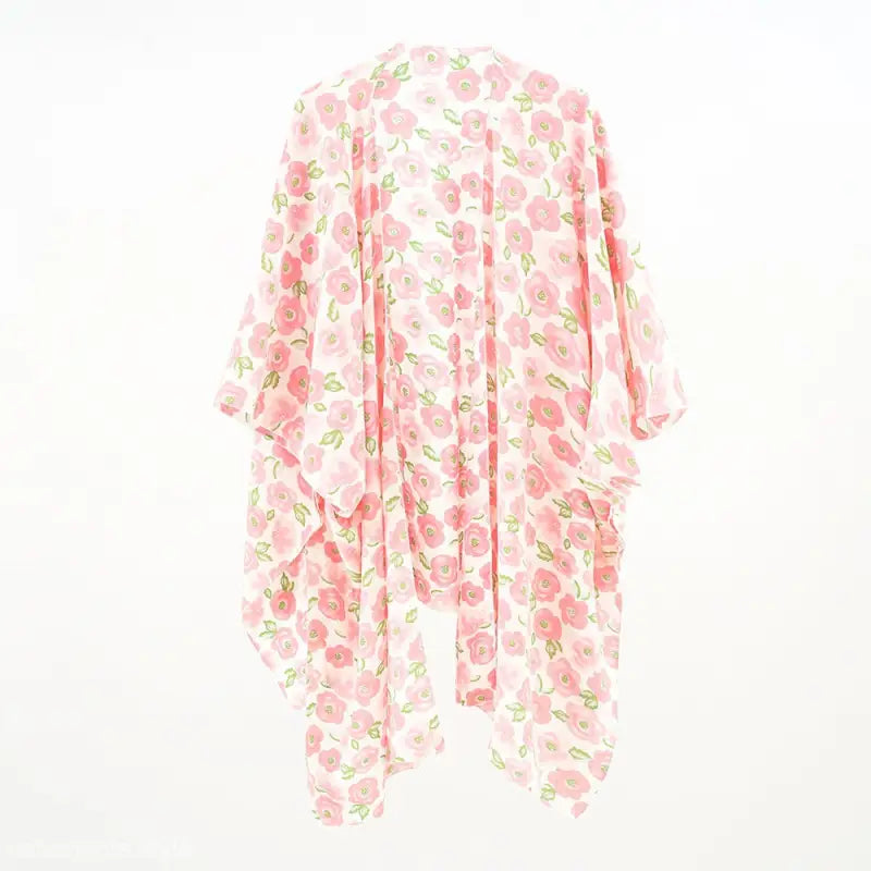 Floral-patterned kimono-style robe with pink flowers, ideal for sun protection and stylish sleeve length