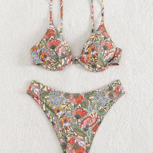 Sexy push floral bikini set with underwire top and high-cut bottom for summer wear