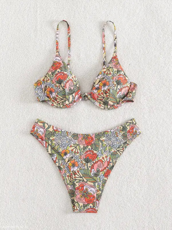Sexy push floral bikini set with underwire top and high-cut bottom for summer wear
