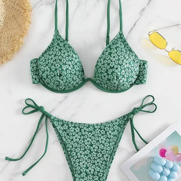 Green floral print underwire bikini with tie-side bottoms, perfect for summer fashion with free shipping