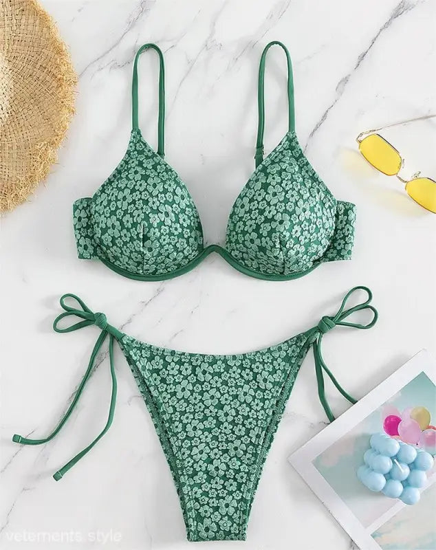 Green floral print underwire bikini with tie-side bottoms, perfect for summer fashion with free shipping