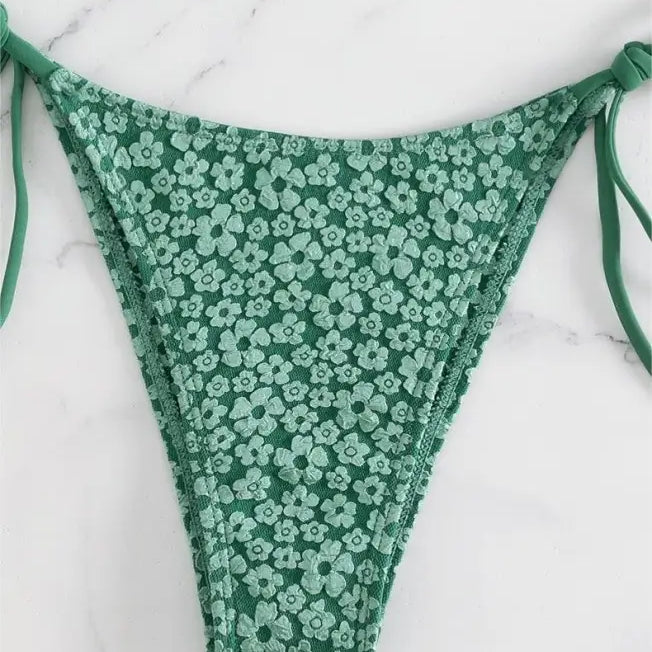 Green floral print tie-side bikini bottom with fashion style, perfect for summer with free shipping