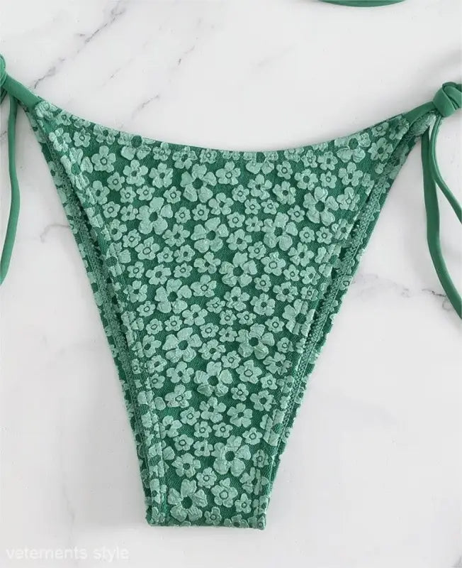 Green floral print tie-side bikini bottom with fashion style, perfect for summer with free shipping