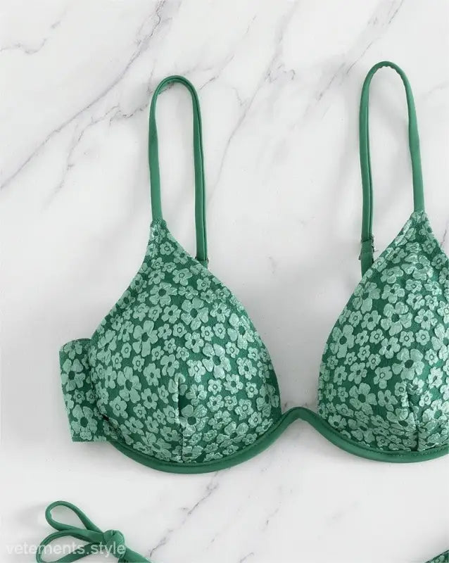 Green floral print underwire bikini top for summer fashion with free shipping offer