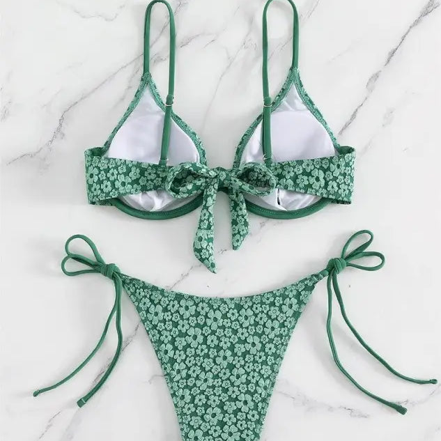 Green floral print bikini with tie-side bottom and tie-back top for Boho Floral Tie Strap Summer Dress with free shipping