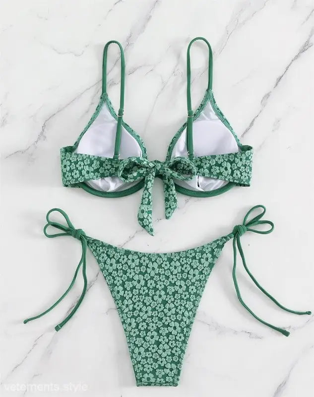 Green floral print bikini with tie-side bottom and tie-back top for Boho Floral Tie Strap Summer Dress with free shipping