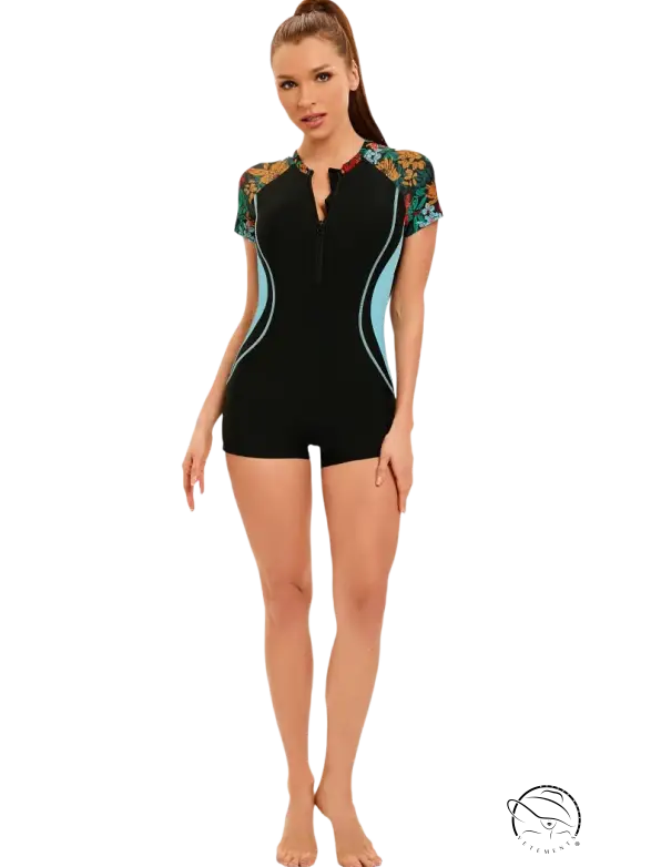 Boho floral sexy zipper swimsuit with black floral accents and blue panels